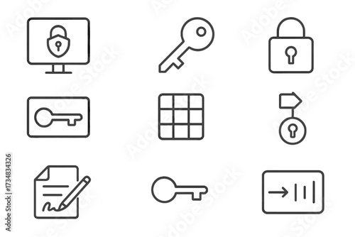 Cryptography Icon Set. Line style icons of cryptographic primitives: secure function block, public key icon, private key pad, key