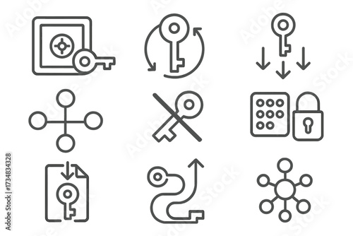 Key Management Icons. Line style icons of key management systems: key vault, secure key rotation, key lifecycle flow, distributed
