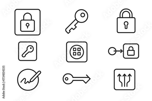 Cryptography Icon Set. Line style icons of cryptographic primitives: secure function block, public key icon, private key pad, key