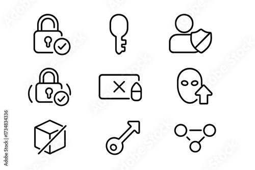 Privacy Icon Set. Line style icons of privacy-preserving techniques: zero-knowledge proof padlock, anonymous key icon, user