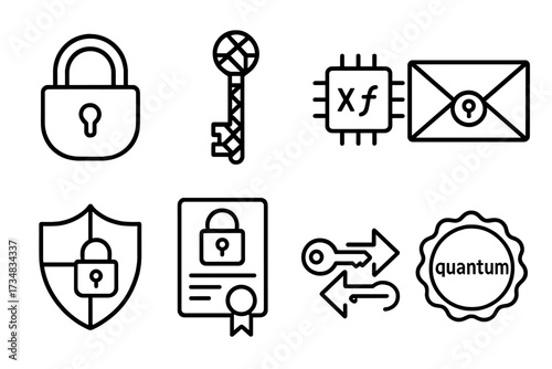 Post-Quantum Cryptography Icons. Line style icons of post-quantum cryptography essentials: quantum-resistant lock, lattice-based