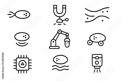 Smart Dust Icons. Line style icons of smart dust mobility: self-propelled dust icon, magnetically guided sensor, aerodynamic