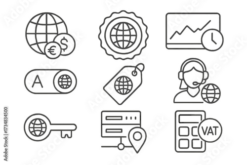 Global Subscription Icons. Line style icons of global subscriptions: multi-currency icon, international billing badge, timezone