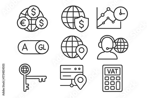Global Subscription Icons. Line style icons of global subscriptions: multi-currency icon, international billing badge, timezone