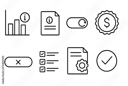 Subscription Transparency Icons. Line style icons of transparency in subscriptions: pricing clarity chart, policy info icon,