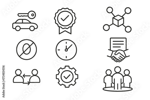 Line Style Service Icons. Line style icons of sharing and service models: rental service icon, leasing badge, product sharing