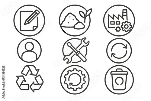 Circular Lifecycle Icons. Line style icons of circular product lifecycle: design phase icon, material sourcing, production step,