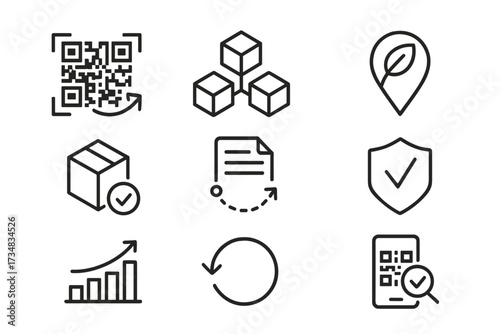 Traceability Icon Set. Line style icons of traceability and transparency: QR code tracking, blockchain for materials, product