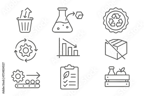 Waste Prevention Icons. Line style icons of waste prevention techniques: source reduction icon, material substitution, zero-waste