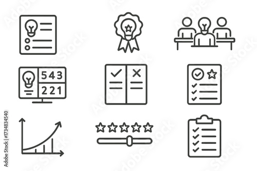 Idea Evaluation Icons. Line style icons of idea evaluation: scoring chart icon, peer review badge, expert panel symbol, vote count