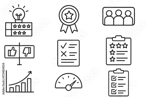 Idea Evaluation Icons. Line style icons of idea evaluation: scoring chart icon, peer review badge, expert panel symbol, vote count