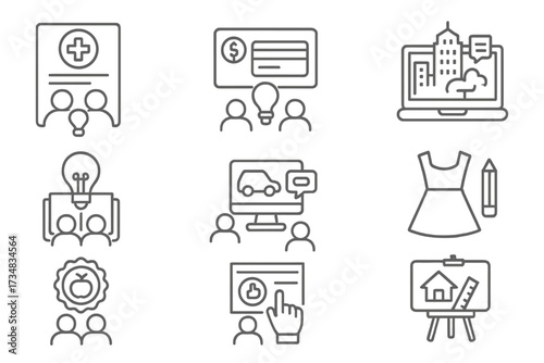 Line Style Crowdsourcing Icons. Line style icons of industry-specific crowdsourcing: health innovation form, fintech challenge