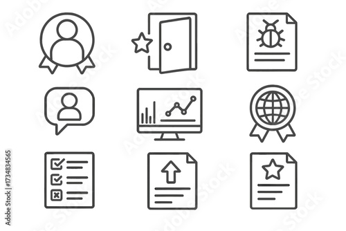 Crowdsourced Testing Icons. Line style icons of crowdsourced product testing: beta tester badge, early access icon, bug report