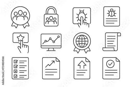 Crowdsourced Testing Icons. Line style icons of crowdsourced product testing: beta tester badge, early access icon, bug report