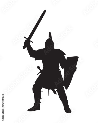 dark medieval warrior silhouette in battle stance holding sword and shield armor vector artwork