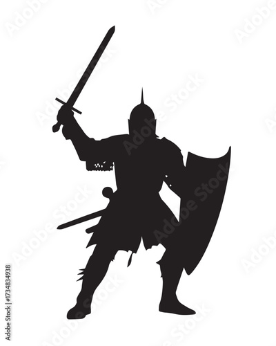 medieval soldier silhouette with sword raised shield defensive pose historical warrior vector