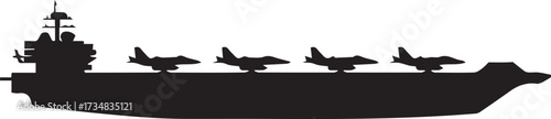aircraft carrier silhouette with five fighter jets on deck vector illustration for military design