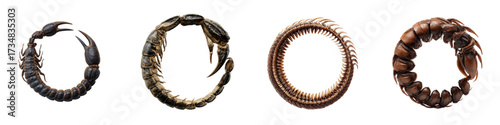 Diverse array of curled arthropods including a scorpion, centipede, and millipede in a row, ideal for educational resources and science illustrations