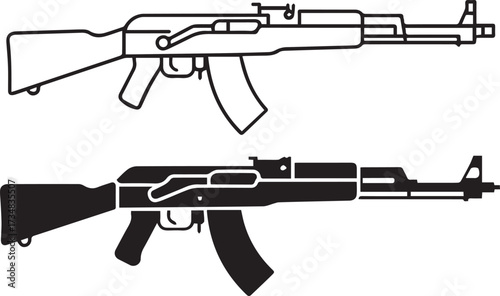 stylized ak47 vector outline and silhouette set for editorial and design use, ai eps png jpeg