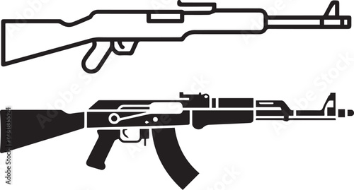 ak47 rifle vector pack black outline and filled silhouette, scalable ai eps png jpeg