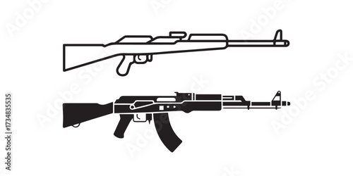 military weapon vector duo ak47 outline and solid silhouette, editable ai eps png jpeg