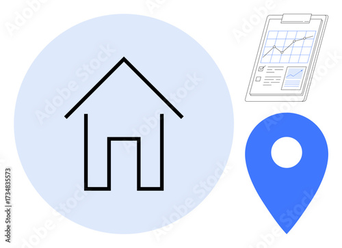 House outline on blue circle, blue map pin, and analytical chart on clipboard. Ideal for real estate, property research, location services, housing insights, data reports, market trends simple flat