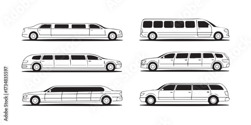 black and white stretch limousine icons extended van suv and classic long vehicle vector pack