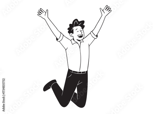 triumphant character jumping vector simple black and white joyful illustration for banners logos and cards