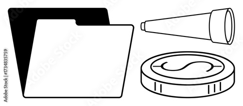 Folder symbolizing organization, telescope for long-term goals, and coin for monetary value. Ideal for finance, strategy, organization, savings, planning research and vision. Simple flat metaphor