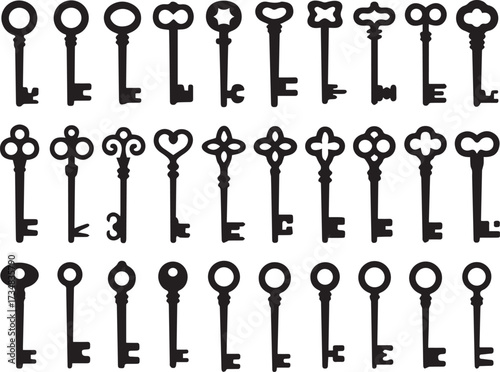 set of antique key silhouettes vector illustration retro ornate bow shapes isolated on white