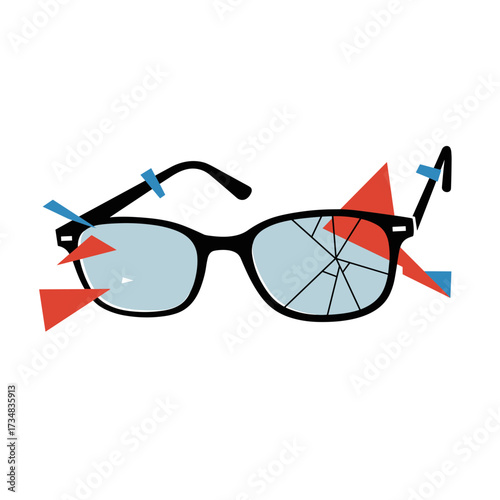 Broken eyeglasses with shattered lens and dynamic geometric fragments in bold red and blue for abstract art, modern design, and creative