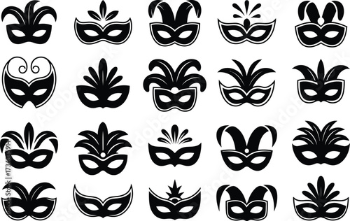 Vector silhouette icons of carnival masks for Mardi Gras and festival celebration design set