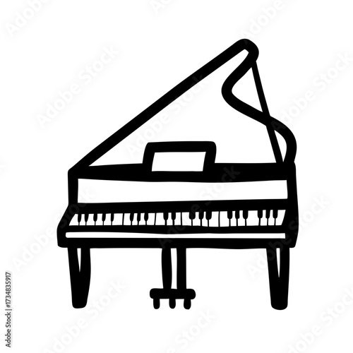 Elegant grand piano in minimalist black-and-white line art style for music, education, or concert