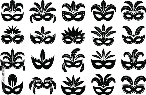 Set of black carnival masquerade mask icons for festive party design