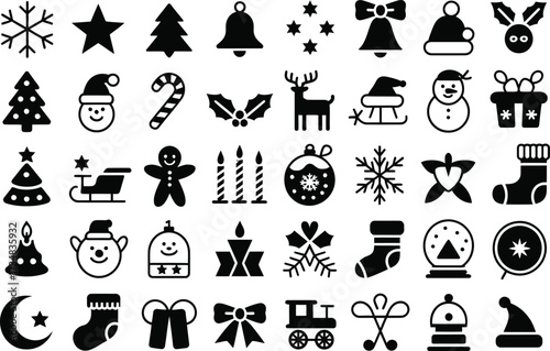 A collection of black glyph icons for the Christmas holiday season and winter festivities