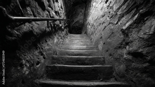 Old steps descend into darkness, worn stone, mystery below in silent, shadowed depth.