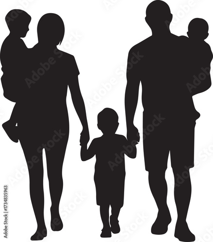 family bond silhouette two adults and two kids walking together holding hands minimalist family vector for commercial use
