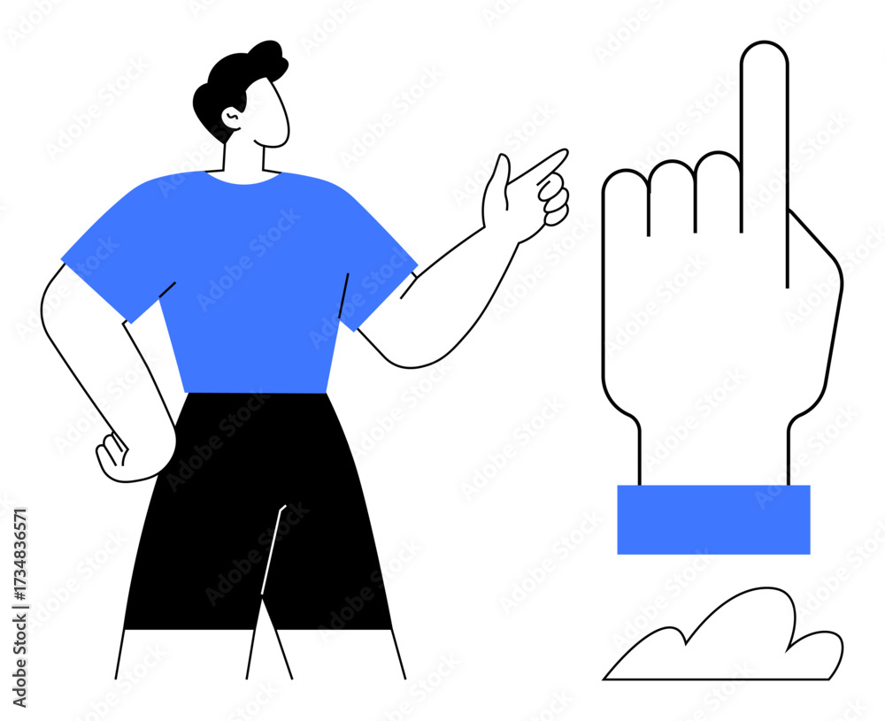 custom made wallpaper toronto digitalConfident individual pointing upward next to an oversized raised hand gesture. Ideal for teamwork, leadership, decision-making, confidence, guidance, goal-setting, motivation. Minimal style simple