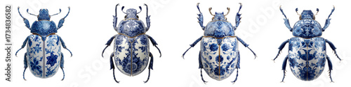 Elegant beetles with intricate blue floral patterns, a whimsical collection perfect for branding, nature-inspired design, or adding a unique touch to artistic projects
