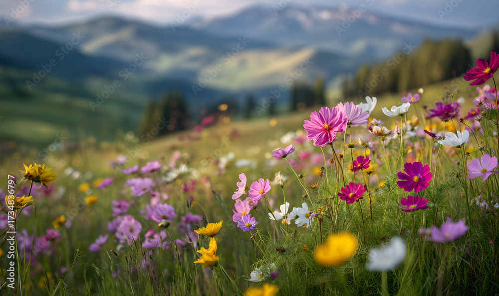 Obraz premium A Wide Shot Of Colorful Wildflowers In Full Bloom, With Rolling Hills And Mountains Visible, Blurred In The Background_