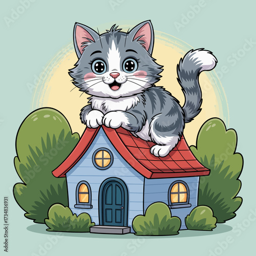 A charming gray cat joyfully perches atop a cute blue house, radiating friendliness amidst green bushes, expressing a connection with comfort and home.