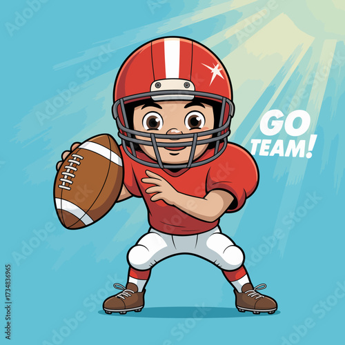 A young athlete, wearing a bright team uniform and helmet, is poised to throw a football, embodying determination and team spirit in a vibrant setting.