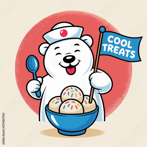 This playful illustration features a cheerful polar bear holding a bowl of ice cream with colorful sprinkles, exuding joy and sweetness against a warm backdrop.