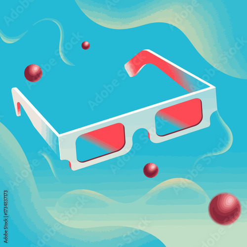 This image features a pair of stylized 3D glasses floating against a vibrant abstract background, symbolizing modern visual experiences and the fusion of technology with art.