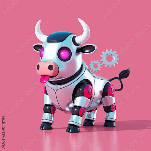 This quirky illustration showcases a futuristic robotic cow with vibrant pink accents and mechanical gears, embodying a playful fusion of technology and livestock in a modern world.