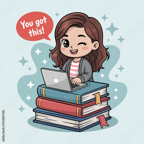 An encouraging cartoon girl working on her laptop, surrounded by colorful books, showcasing determination and positivity in a modern study environment.