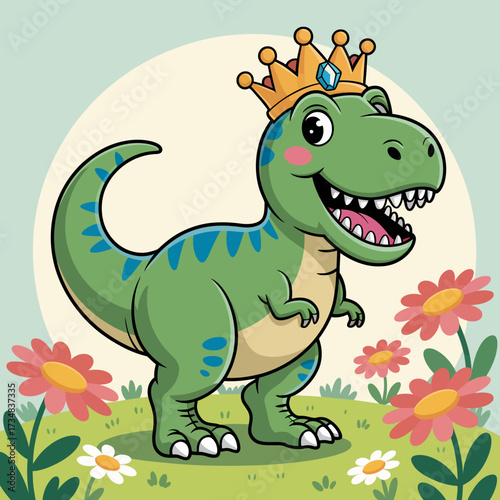 A playful cartoon dinosaur wears a sparkling crown, proudly displaying its royal charm in a vibrant, flower-filled environment, appealing to both kids and adults alike.