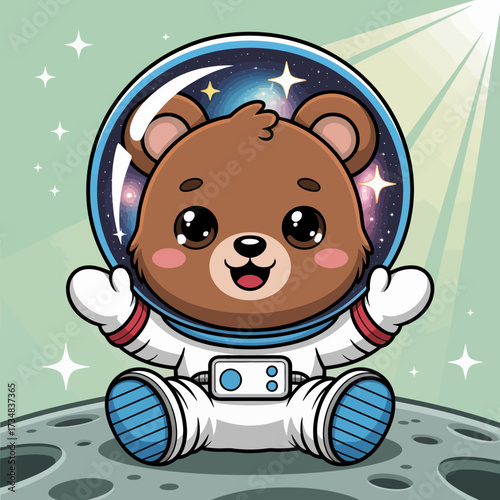 This charming illustration presents a cute bear in a space suit, joyfully exploring the cosmos, with stars and galaxies creating a whimsical backdrop full of wonder and companionship.