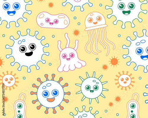 A playful collection of cute microorganisms displays a joyful pattern, combining fun and education, highlighting the invisible life forms that surround us with vibrant personalities.