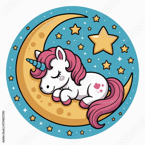 A cute, cartoonish unicorn with pink mane peacefully sleeps on a crescent moon, surrounded by stars, capturing a whimsical and dreamy nighttime scene.